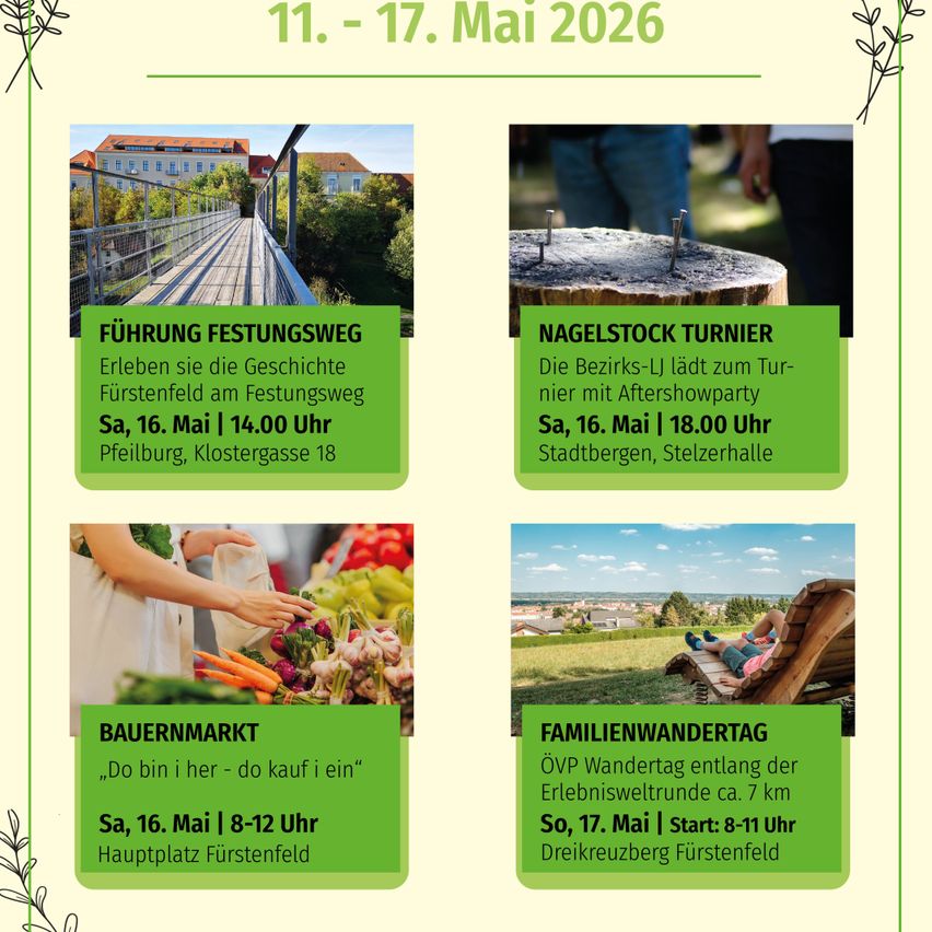 Poster for events from May 11 to 17, 2026. Events include a guided tour of Festungsweg, a nail stock tournament, a farmers' market, and a family hiking day. All events take place on May 16, 2026.