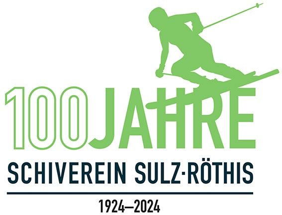 Logo zum 100-jährigen Jubiläum des Skiclubs Sulz-Rothis, zeigt einen Skifahrer in Silhouette mit den Jahren 1924 bis 2024.