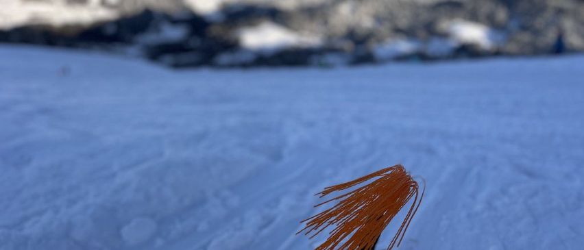 Ein kleines oranges Objekt mit mehreren Strängen ragt aus einem Loch im Schnee. Das umliegende Gebiet ist schneebedeckt und zeigt entfernte Berge.