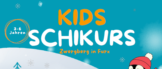 Ein Plakat für Kids Skikurs in Zwergberg, Furx. Es bietet einen Skikurs für Anfänger im Alter von 3-6 Jahren zu bestimmten Terminen und Zeiten an. Der Preis beinhaltet einen Liftpass, ein Zertifikat und eine Medaille. Die Anmeldung erfolgt über einen QR-Code.