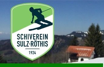 A ski resort logo shows a skier on a snowy slope with mountains in the background. The text reads 'SCHIVEREIN SULZ-ROTHIS 1924'. In the foreground, there is a house with a red roof and trees.