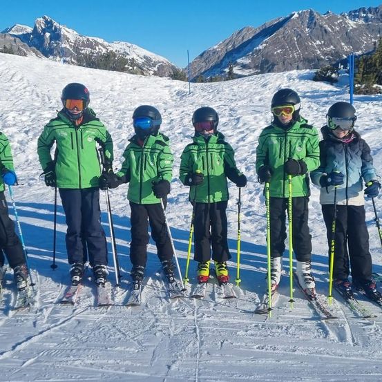 Sieben Skifahrer in grünen Jacken posieren für ein Foto auf einem verschneiten Berg mit Bergen im Hintergrund.