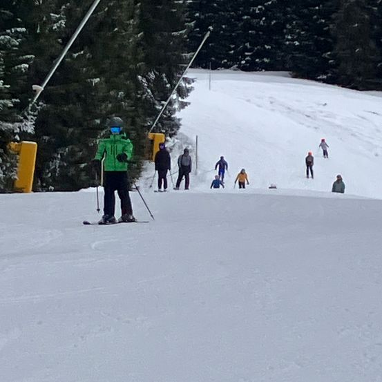 Ein Skifahrer in einer grünen Jacke steht auf einer verschneiten Piste, andere Skifahrer dahinter. Im Hintergrund reihen sich schneebedeckte Bäume auf.