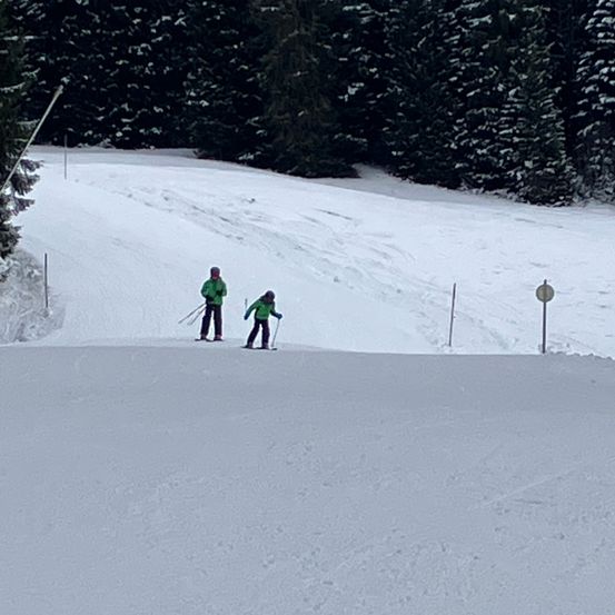 Zwei Personen steigen einen verschneiten Hang hinunter, mit Kiefern im Hintergrund. Sie tragen grüne Jacken und Skiausrüstung.