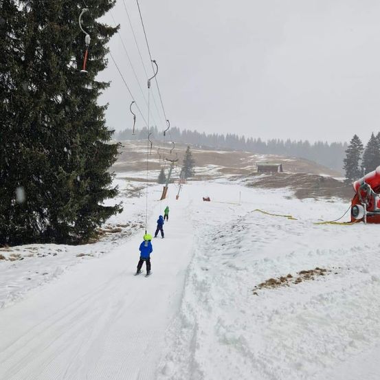 Mehrere Skifahrer befinden sich auf einem verschneiten Hang mit Bäumen und einer Skilift im Hintergrund. Der Skifahrer im Vordergrund trägt einen gelben Helm.