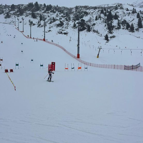 Ein Skifahrer navigiert durch eine verschneite Piste mit einer roten Barriere und verschiedenen Flaggen. Im Hintergrund ist ein Skilift sichtbar, und das Gebiet ist von Bäumen und Bergen umgeben.