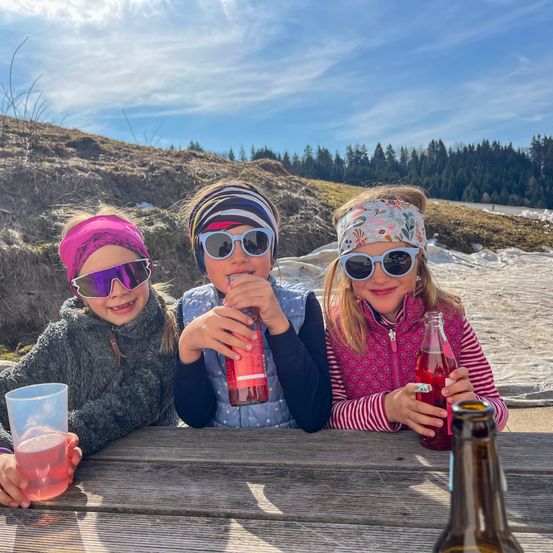 Drei Mädchen sitzen an einem Picknicktisch und tragen Sonnenbrillen. Sie trinken aus Plastikbechern. Das Mädchen in der Mitte hält eine Flasche, während die anderen Becher in den Händen haben. Ein Hügel mit Bäumen ist hinter ihnen, und der Himmel ist bewölkt.