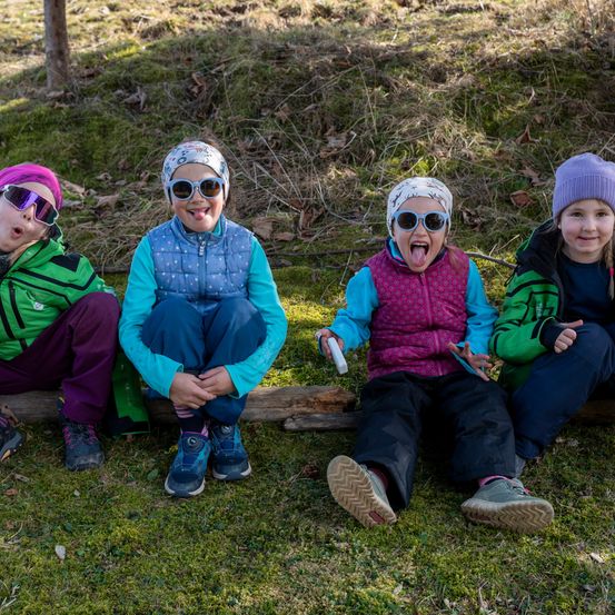 Vier Kinder sitzen auf einem Baumstamm in einem Grasbereich. Sie tragen alle Winterkleidung und Sonnenbrillen. Zwei von ihnen lächeln und stecken ihre Zungen heraus. Die anderen beiden schauen etwas an. Der Boden ist mit Gras und Laub bedeckt.