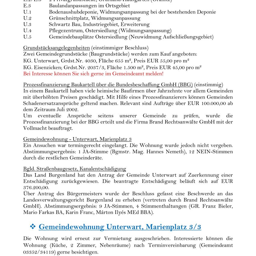 Das Bild zeigt ein Dokument mit Text in deutscher Sprache. Es enthält eine Liste von Wohngebieten in Unterwart mit verschiedenen Eigenschaften und Preisen. Das Dokument erwähnt auch eine Gemeindeentscheidung über ein Straßenbauprojekt und einen Streit um eine Gemeindewohnung.