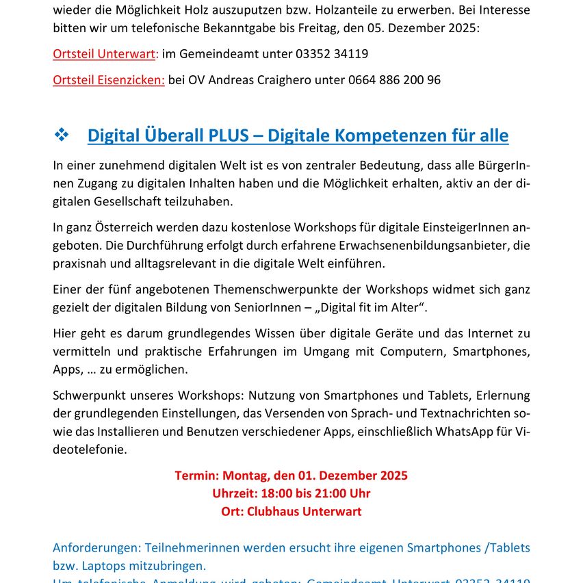 Das Digital Everywhere PLUS-Projekt bietet kostenlose Workshops für digitale Einsteiger in ganz Österreich an. Der Schwerpunkt liegt auf der praktischen Erfahrung mit Computern, Smartphones und Apps. Eines der fünf Workshop-Themen ist "Digital fit im Alter." Die Teilnehmer werden gebeten, ihre eigenen Geräte mitzubringen.