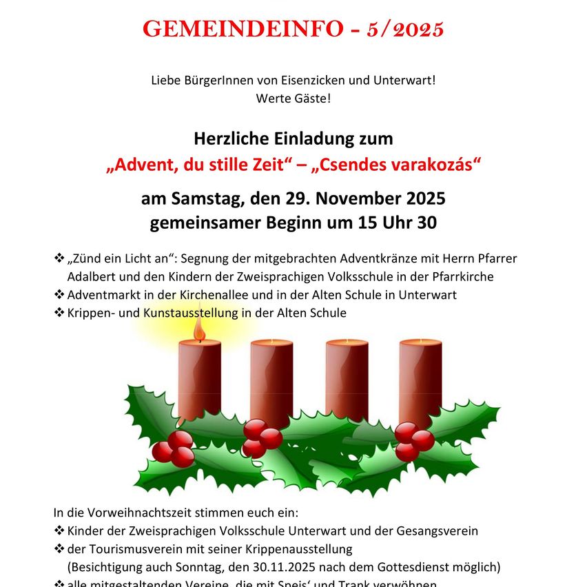 Gemeindeinfo - 5/2025. Einladung zur Adventszeit, der stillen Zeit, am Samstag, 29. November 2025. Segen der Adventskränze und Weihnachtsmarkt. Kinderchor und Lebkuchenausstellung. Treten Sie bei!