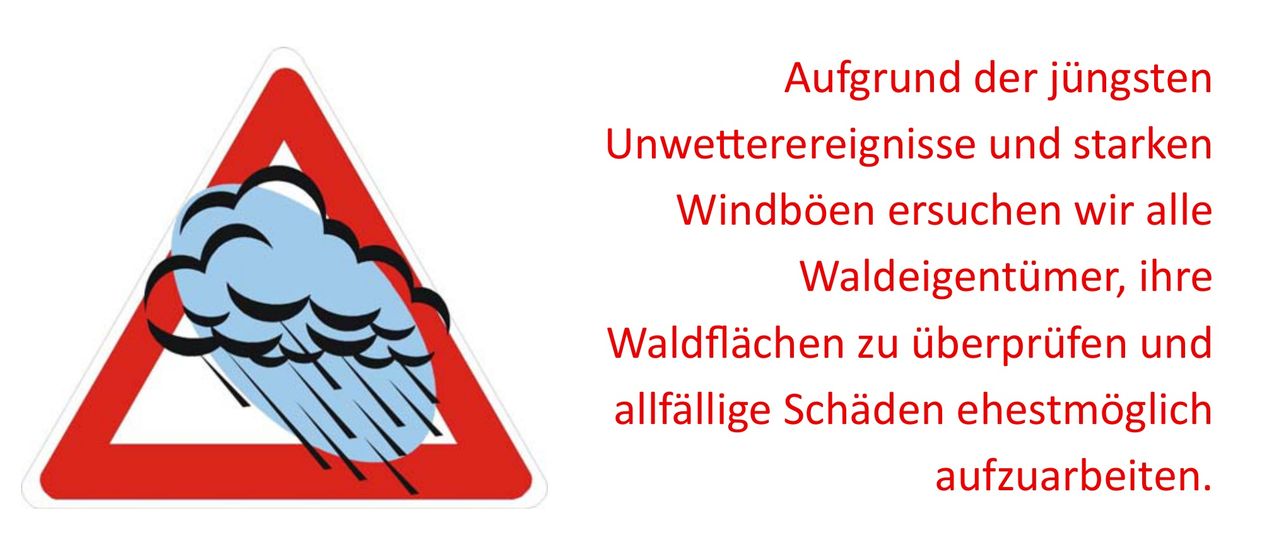 Ein rotes Schild mit einer Wolken-Symbolik und dem Text 'Unwetterereignis Windböen e Waldflächen zu allfällige Schäde' in weißer Schrift auf weißem Hintergrund.