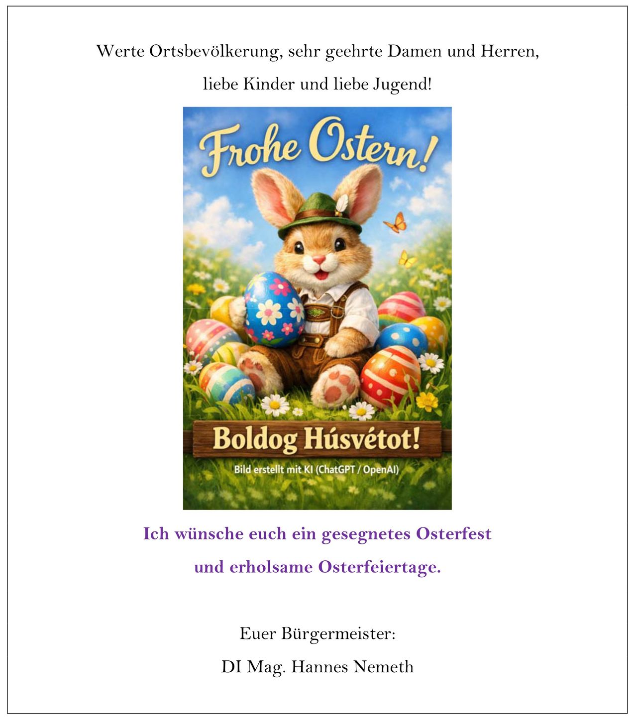 Eine Osterkarte zeigt einen fröhlichen Hasen, der ein Osterei inmitten bunter Eier hält. Es wünscht ein gesegnetes Osterfest und erholsame Feiertage.