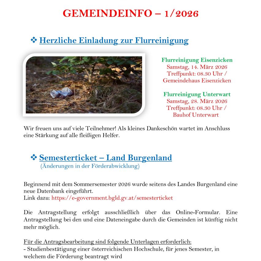 Gemeindeinfo - 1/2026. Herzliche Einladung zur Flurreinigung in Eisenzick am Samstag, 14. März 2026, 08:30 Uhr, Gemeindehaus Eisenzick. Eine weitere Veranstaltung am Samstag, 28. März 2026, 08:30 Uhr, Bahnhof Unterwart.