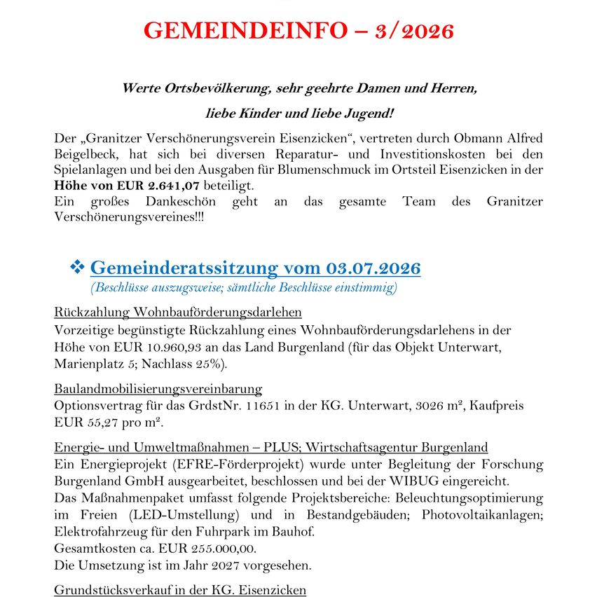Ein Dokument mit dem Titel 'Gemeindeinfo' vom 3/2026, das Gemeinderatssitzungsbeschlüsse diskutiert, einschließlich einer Rückzahlung von EUR 10.960,93 für einen Wohnungsbauförderungsdarlehen, einem Optionsvertrag für ein Grundstück in Unterwart und Energie- und Umweltmaßnahmen.
