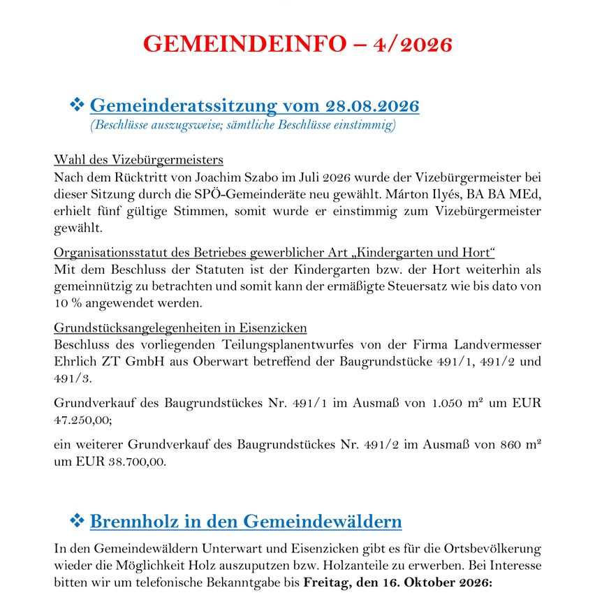 A community information document dated April 4, 2026, includes details about a community council meeting on August 28, 2026, where a new vice mayor was elected, and decisions regarding the organizational status of a kindergarten and garden, as well as land transactions in Eisenzick, were made.
