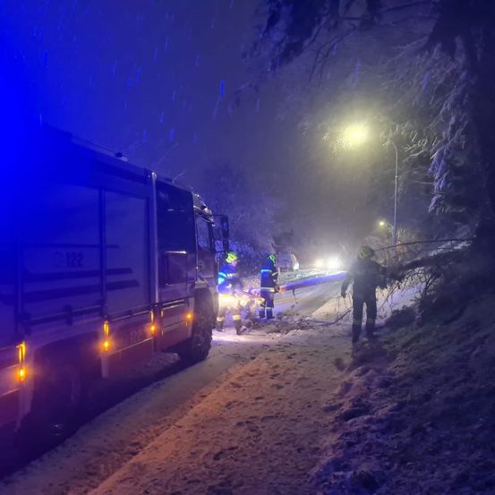 Ein LKW mit der Nummer 122 parkt auf einer verschneiten Straße, während Einsatzkräfte einen umgestürzten Baum räumen.