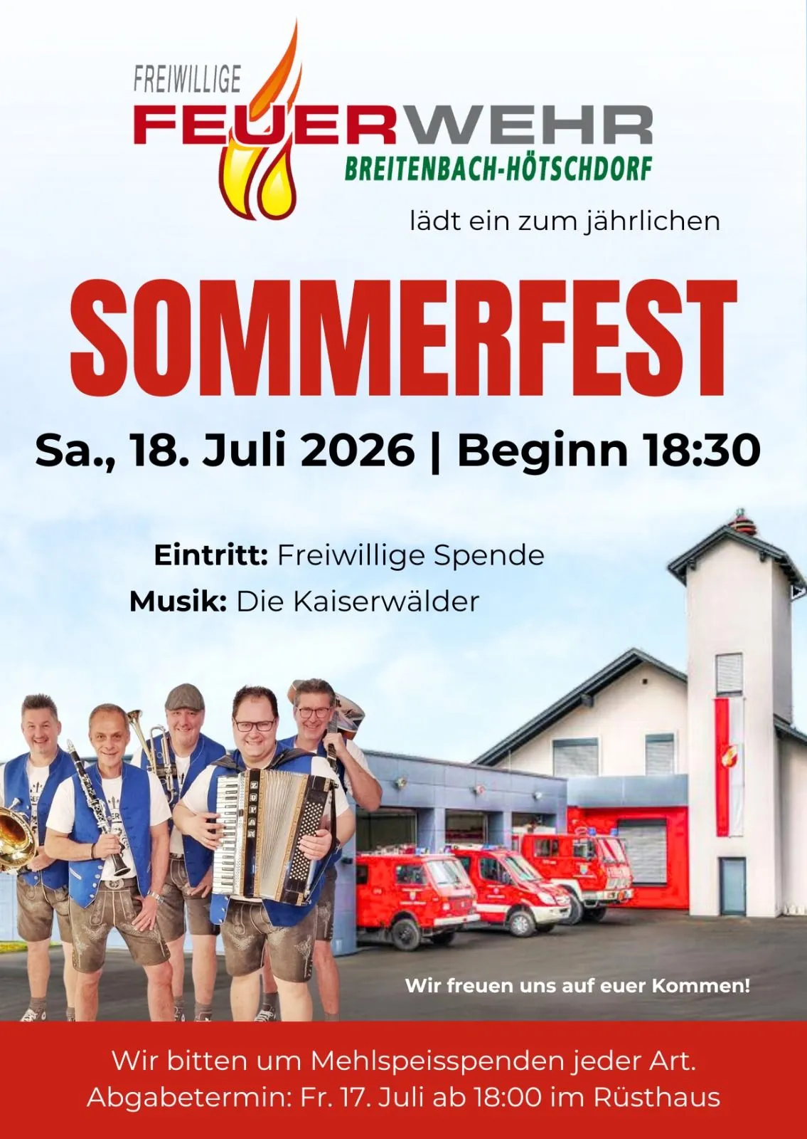Werbeplakat für das Sommerfest in Breitenbach-Hutschdorf am 18. Juli 2026 mit einer Band, die vor einer Feuerwache spielt.