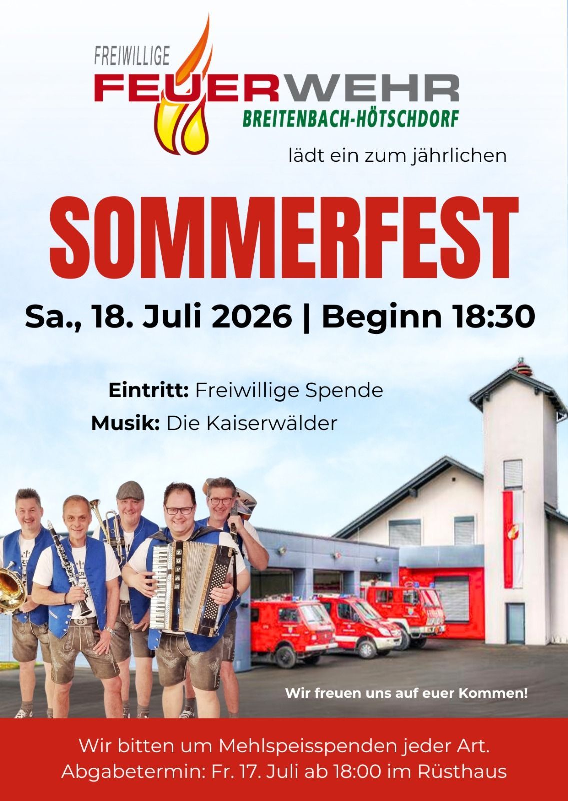 Werbeplakat für das Sommerfest in Breitenbach-Hutschdorf am 18. Juli 2026 mit einer Band, die vor einer Feuerwache spielt.