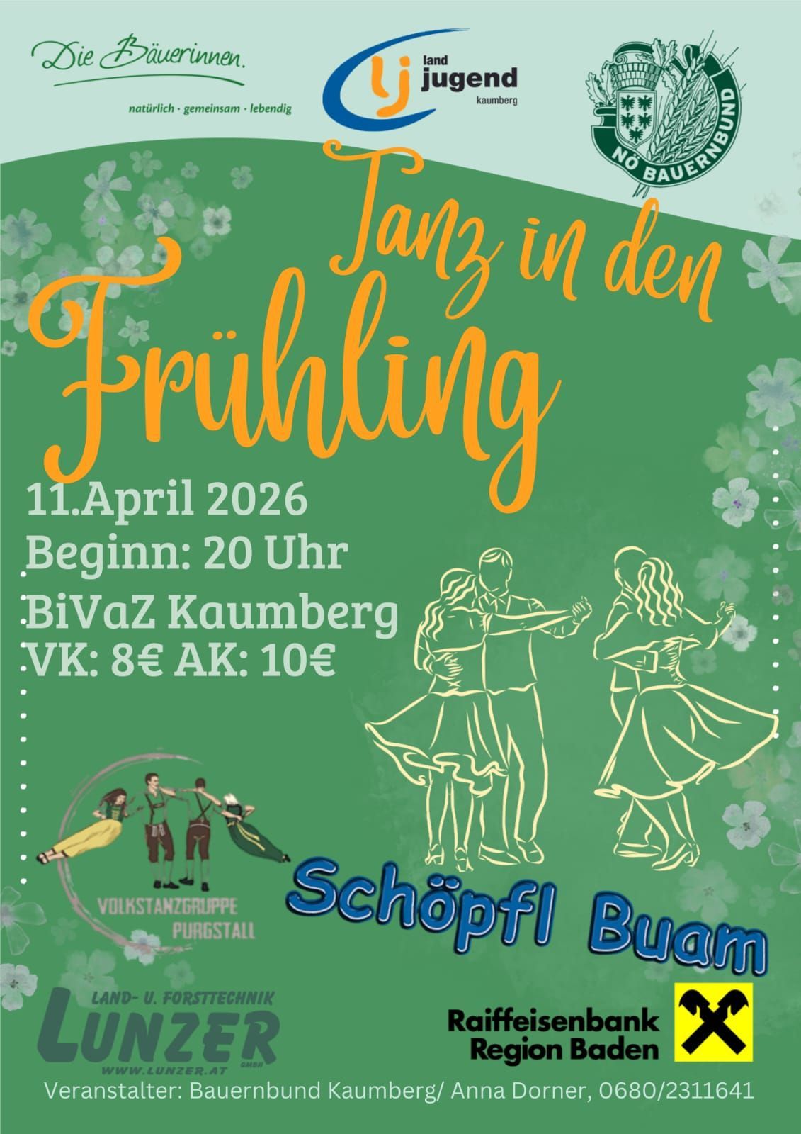 Plakat für Frühlingstanz-Veranstaltung in Kaumberg, Beginn am 11. April 2026, 20 Uhr. Eintritt 8 Euro, Barzahlung 10 Euro. Zeigt tanzende Paare. Gastgeber ist Volkstanzgruppe Purgstall.