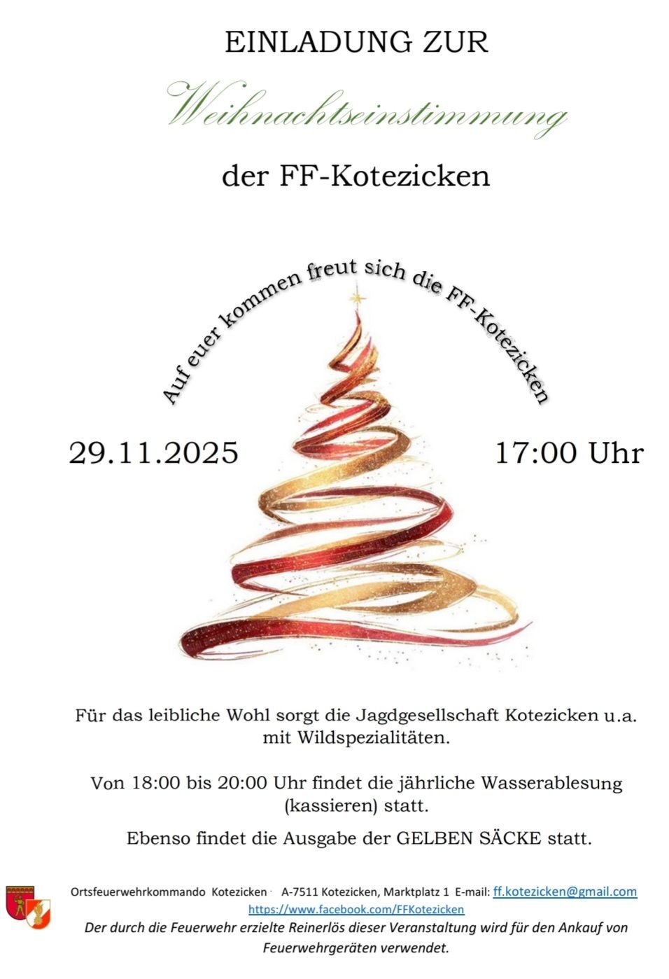 Einladung zur FF Kotezicken am 29.11.2025 um 17:00. Mit Informationen über die jährliche Wasserablösung.