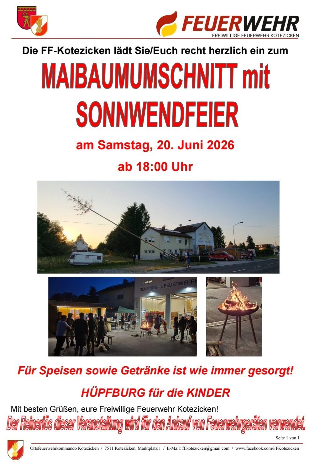 Plakat für ein Maibaum-Schneiden und Sonnenwende-Feuer am Samstag, 20. Juni 2026, ab 18:00 Uhr. Enthält Bilder eines Hauses, Menschen und eines Feuers. Essen und Getränke werden bereitgestellt.