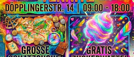 Das farbenfrohe Plakat bewirbt eine Samstagsveranstaltung in Ternitz am 27. Juni. Es beinhaltet Aktivitäten wie Schatzsuche, Basteln und einen Ton-Workshop. Es bietet kostenlose Zuckerwatte und Milchshakes an.