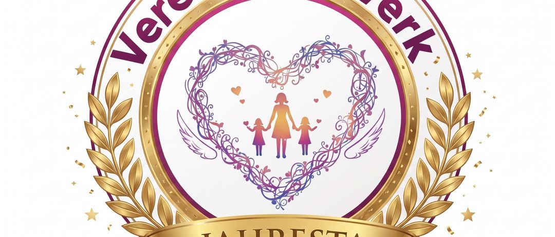 Ein golden umrandetes Emblem zur Geburtstagsfeier mit einem Herzdesign, das eine Mutter und zwei Kinder zeigt. Der Text lautet '1. Jahrestag' und 'Geburtstagsfeier'.