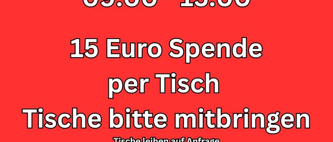 Ein roter Plakat wirbt für einen Verkauf am 19. September 2026 von 9:00 bis 15:00 Uhr. Es kostet 15 Euro pro Tisch und bittet die Teilnehmer, ihre eigenen Tische mitzubringen.