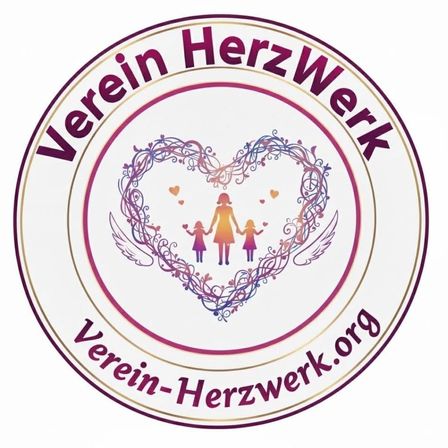 Das runde Logo von Verein HerzWerk zeigt ein Herz mit drei Kindern darin und die Website Verein-Herzwerk.org am unteren Rand.