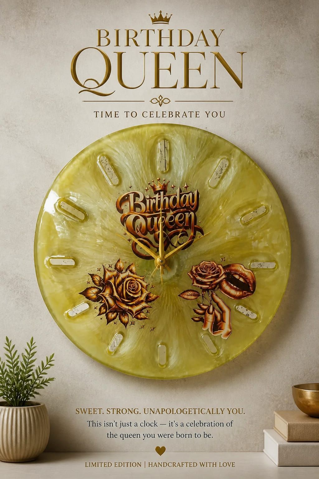 Eine gelbe Wanduhr mit Geburtstagsthema, mit Rosen und den Worten 'Geburtstagskönigin'. Die Uhr ist an einer weißen Hintergrund angebracht.