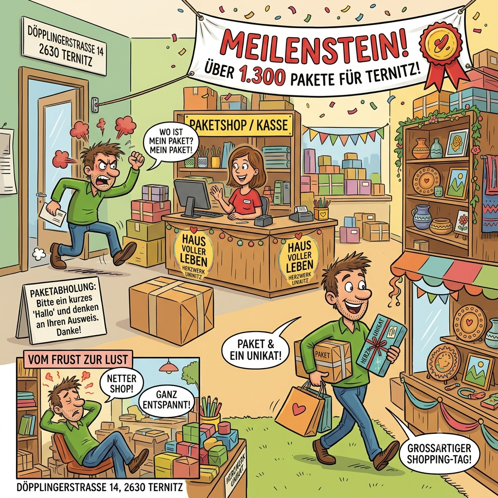 Eine Karikatur zeigt einen Mann, der in einen Laden rennt, mit einem Banner darüber, das 'Meilenstein! Über 1.300 Pakete für Ternitz!' lautet. Der Mann schreit eine Frau hinter der Theke an, während ein anderer Mann Pakete aus dem Laden trägt.