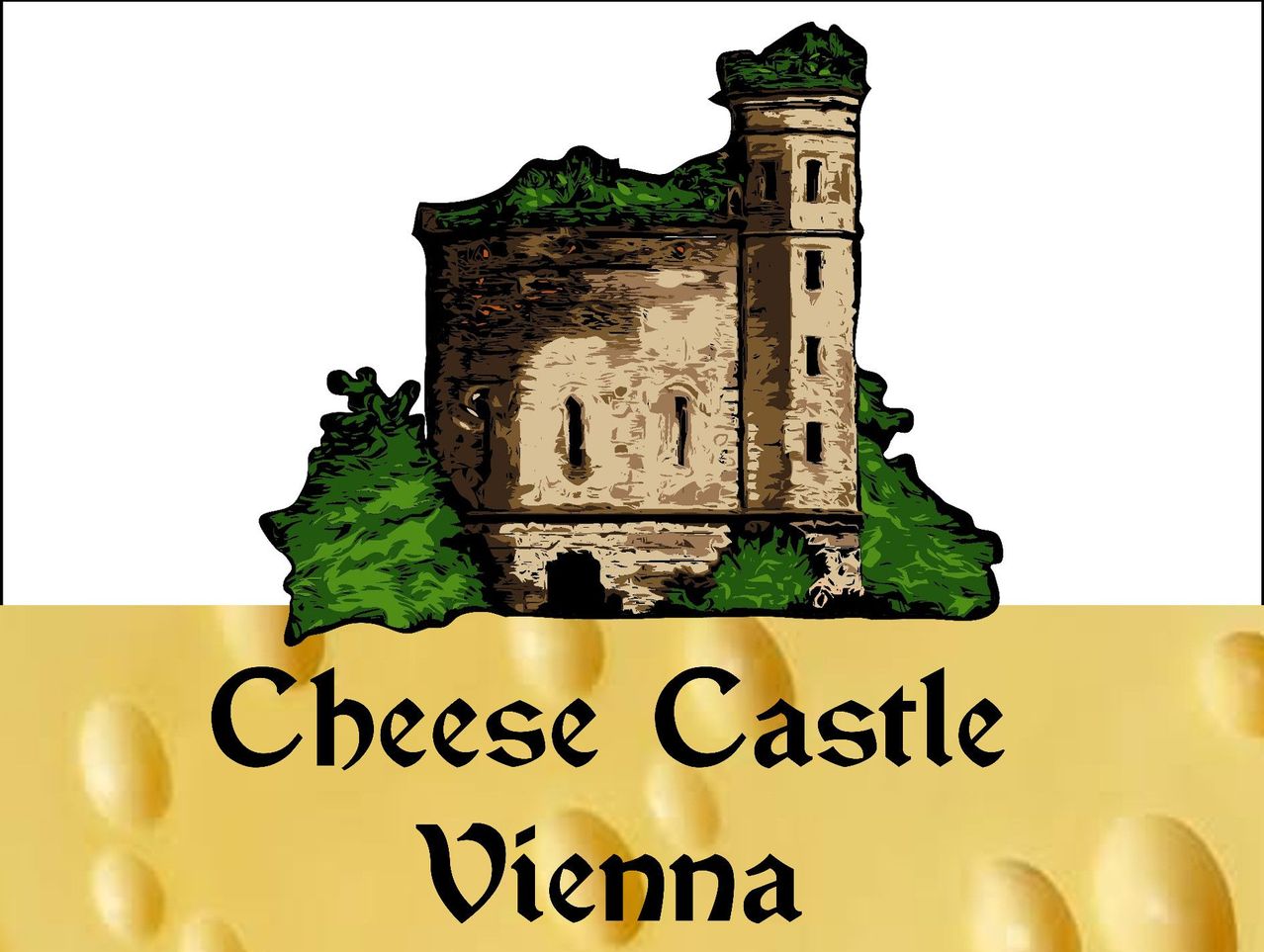 An illustration of Cheese Castle Vienna, a castle-like structure with a tower and surrounded by greenery.