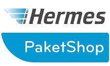 Das Hermes PaketShop Logo zeigt ein blau-weißes Design mit dem Wort Hermes oben und PaketShop unten.