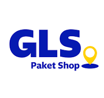 Das GLS Paket Shop Logo zeigt blauen Text 'GLS' mit einem gelben Standort-Pin-Symbol, das einen Paketlieferdienst anzeigt.