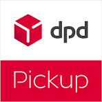 Das Bild zeigt das Logo für einen Dienst namens 'DPD Pickup.' Das Logo enthält ein rotes Würfelsymbol und den Text 'dpd' in Schwarz, gefolgt vom Wort 'Pickup' in Weiß auf rotem Hintergrund.