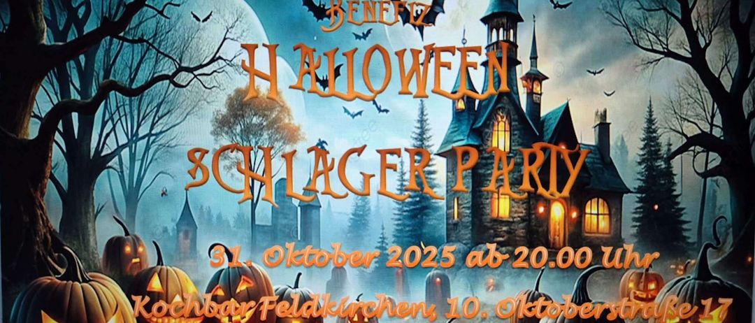 Plakat für eine Halloween-Party. Ein gruseliges Schloss, Kürbisse, Fledermäuse und ein Vollmond sind abgebildet. Die Veranstaltung findet am 3. Oktober 2025 ab 20 Uhr statt.