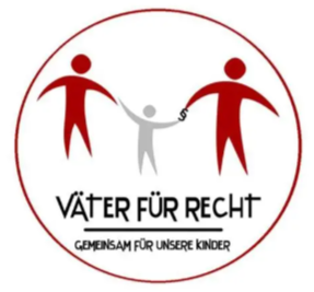 Ein Logo mit drei Figuren: zwei Erwachsene und ein Kind. Die Erwachsenen halten die Hand des Kindes, was Einheit symbolisiert. Der Text lautet 'Vater für Recht' und 'Gemeinsam für unsere Kinder'.