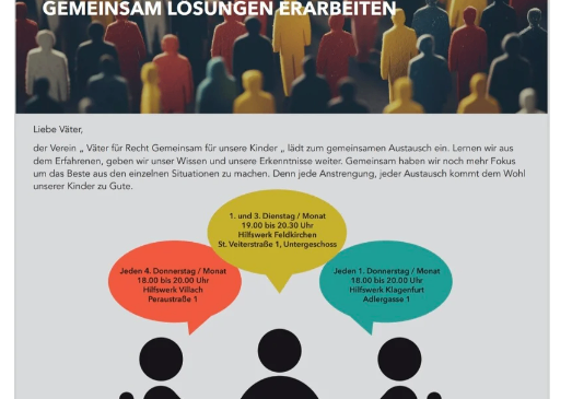 Plakat mit einer Menschenmenge im Hintergrund. Es steht: Gemeinsam Erfahrungen austauschen, gemeinsam über Ängste sprechen, gemeinsam Lösungen erarbeiten. Es hat auch das Datum und die Uhrzeit der Treffen. Jedes Treffen hat maximal 3 Teilnehmer. Es hat auch die Bankdaten.