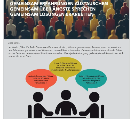 Plakat mit einer Menschenmenge im Hintergrund. Es steht: Gemeinsam Erfahrungen austauschen, gemeinsam über Ängste sprechen, gemeinsam Lösungen erarbeiten. Es hat auch das Datum und die Uhrzeit der Treffen. Jedes Treffen hat maximal 3 Teilnehmer. Es hat auch die Bankdaten.