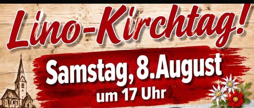 Drei Männer spielen Musikinstrumente, darunter ein Akkordeon, vor einer Ziegelwand. Der Text lautet 'Samstag, 8. August um 17 Uhr'. Das Bild ist eine Werbung für eine Live-Performance im Cafe Lino in Kärnten.