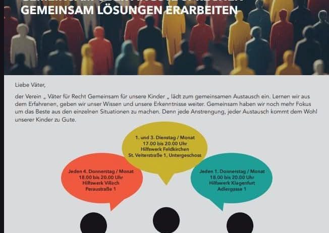 Ein Plakat mit einer Menschenmenge im Hintergrund und Text über den Austausch von Erfahrungen und die Zusammenarbeit zur Findung von Lösungen für das Wohl der Kinder. Das Plakat enthält Treffenszeiten und -orte.