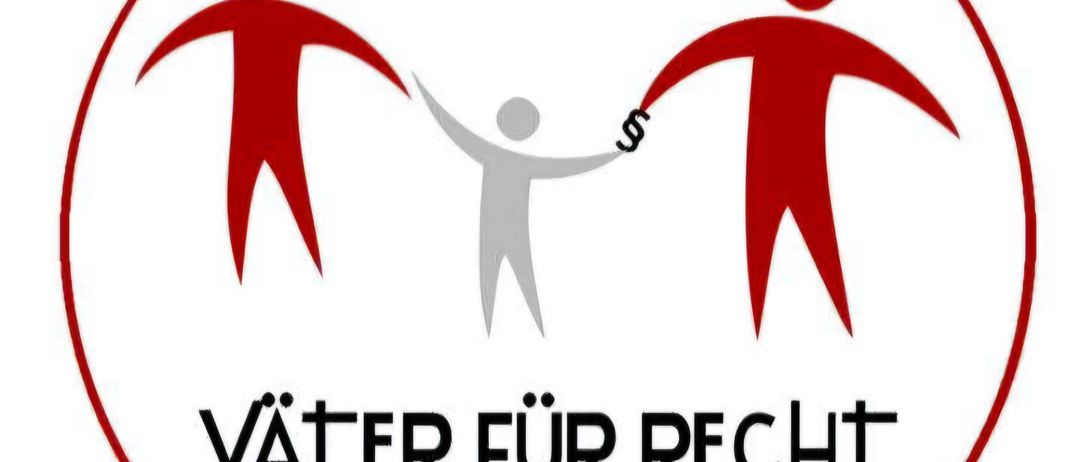 Ein Logo mit zwei roten Figuren, die Hände halten, und einer grauen Figur in der Mitte, die Einheit symbolisiert. Der Text lautet 'Väter für Recht' und 'Gemeinsam für unsere Kinder'.