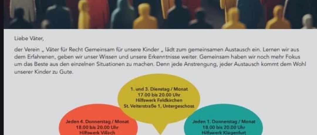 Ein Plakat mit einer Menschenmenge, das Text über den Austausch von Erfahrungen, das Sprechen über Ängste und die gemeinsame Erarbeitung von Lösungen enthält. Es beinhaltet eine Botschaft an Väter und nennt Orte und Zeiten für Treffen.