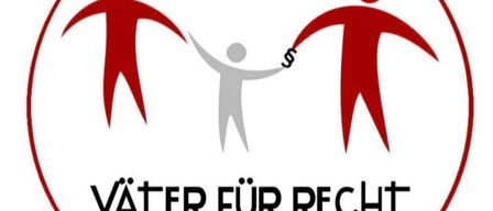 Ein Logo mit zwei roten Figuren, die Hände halten, um eine graue Figur herum, mit dem Text 'Väter für Recht' und 'Gemeinsam für unsere Kinder' darunter.