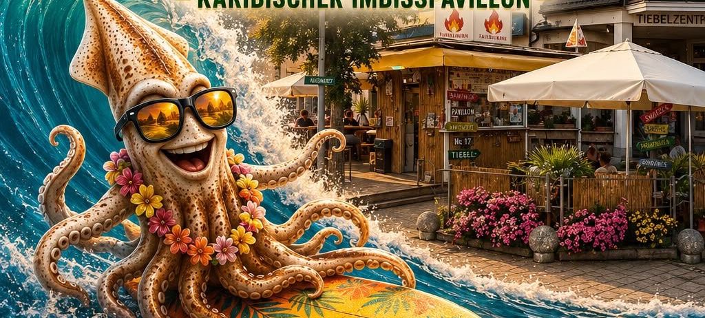 Eine lebendige Illustration eines lächelnden Oktopus mit Sonnenbrille und Blumen, der auf einem Surfbrett auf einer Welle reitet, mit einem Strandhintergrund.