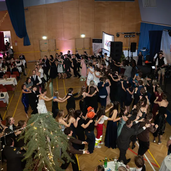 Eine große Gruppe von Menschen tanzt in einer Turnhalle. Einige sind in formeller Kleidung, andere in lässiger Kleidung. Eine große Weihnachtsbaum mit Lichtern ist in der Mitte. Die Bühne hat einen Gitarristen und einen Lautsprecher. Tische mit Essen und Getränken sind an den Seiten.