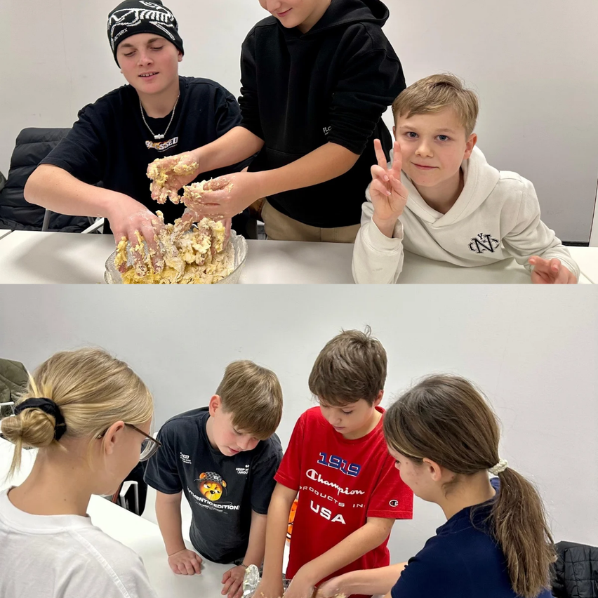 Zwei Fotos zeigen Kinder in einem Klassenzimmer, eines mit einer Schüssel Teig, das andere mit einem Mädchen, das zwei Jungen bei einer Essensaufgabe hilft.