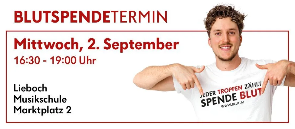 Ein lächelnder Mann zeigt auf ein weißes T-Shirt mit rotem Text, der 'Jeder Tropfen Zahlt' und 'Spende Blut' sagt. Der Hintergrund hat rote Ränder und Text, der 'UTSPENDETERMIN' und 'ttwoche, 2. September' liest.