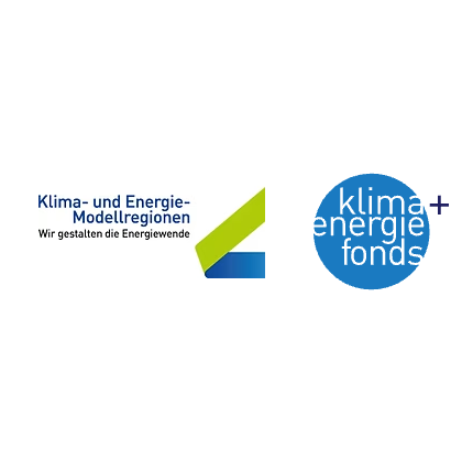 Das Bild zeigt ein Logo für Klima- und Energie-Modellregionen mit weißem Hintergrund und einem blauen Kreis mit weißem Text, der 'klima+energie fonds' lautet.